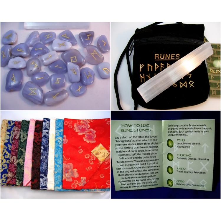 PAG018 RUNE STONES KIT: Elder Futhark Alphabet, Selenite Stick, Pouch + Booklet: BLUE LACE AGATE