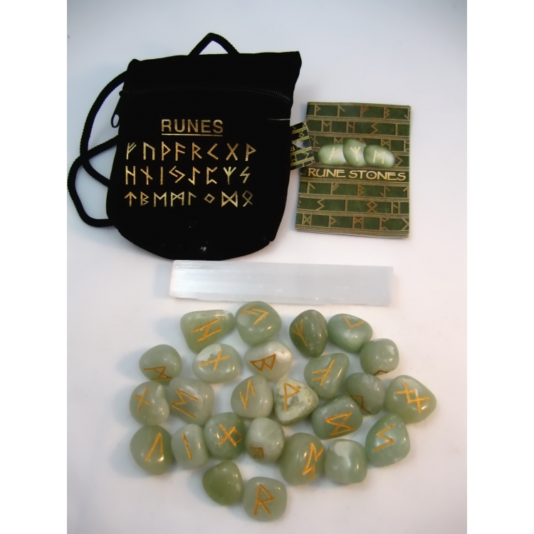 PAG023 RUNE STONES KIT: Elder Futhark Alphabet, Selenite Stick, Pouch + Booklet: GREEN AVENTURINE
