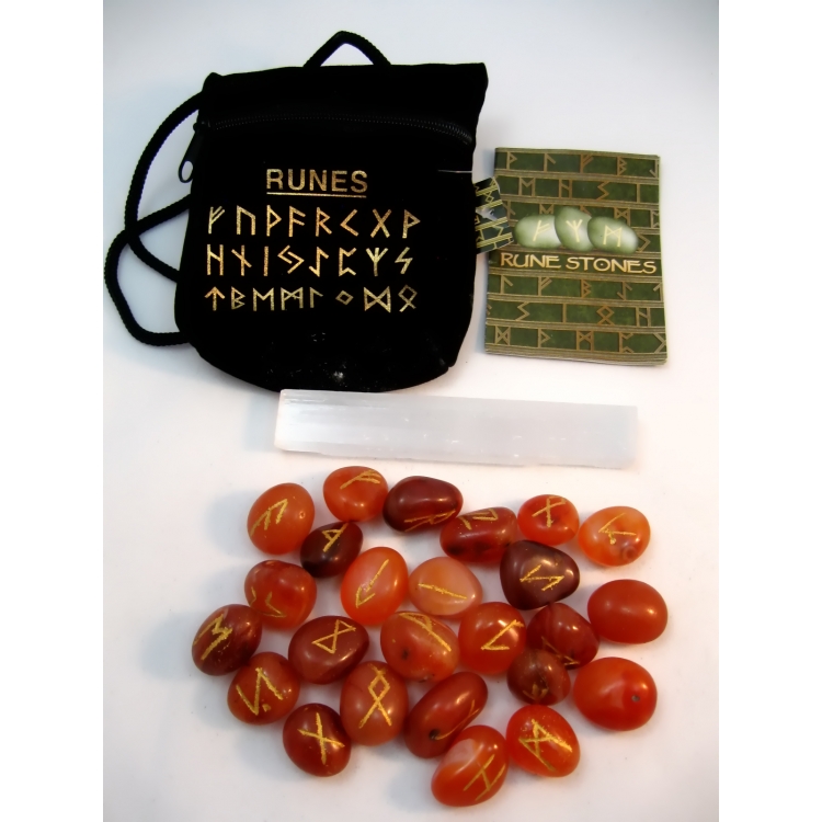 PAG024 RUNE STONES KIT: Elder Futhark Alphabet, Selenite Stick, Pouch + Booklet: CARNELIAN