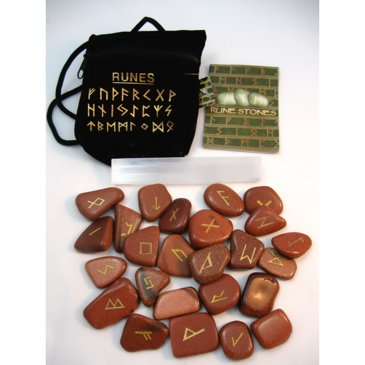 PAG035 RUNE STONES KIT: Elder Futhark Alphabet, Selenite Stick, Pouch + Booklet: GOLDSTONE