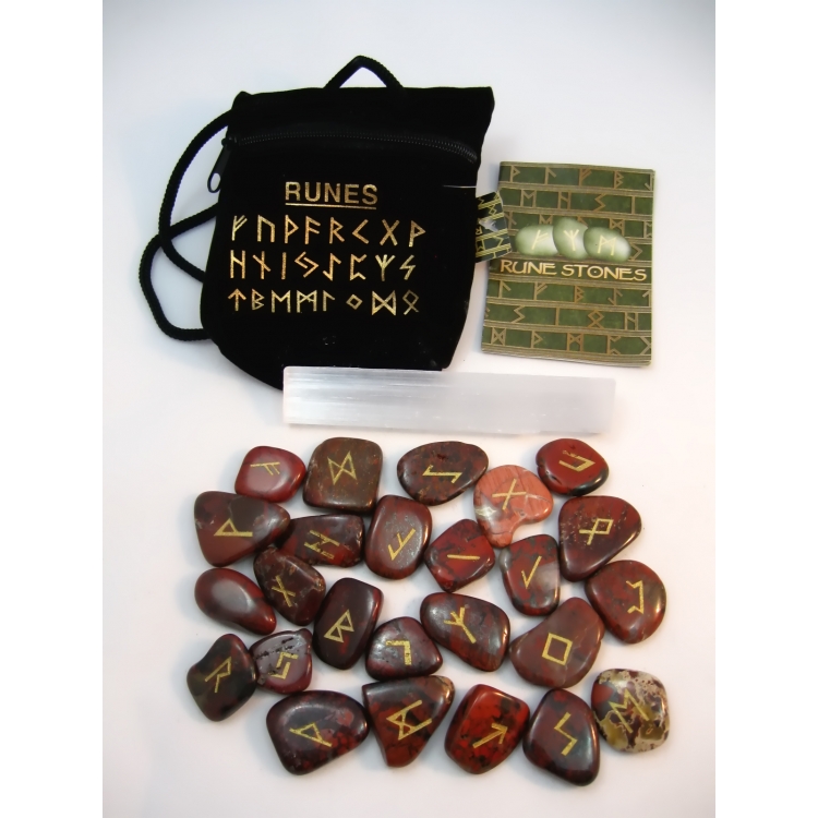 PAG029 RUNE STONES KIT: Elder Futhark Alphabet, Selenite Stick, Pouch + Booklet: BRECCIATED JASPER