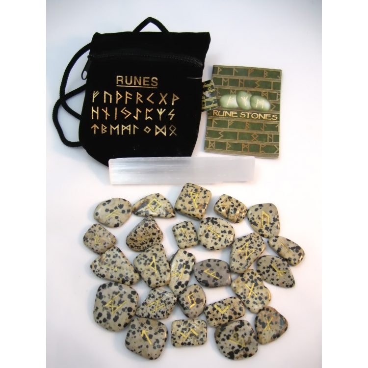 PAG026 RUNE STONES KIT: Elder Futhark Alphabet, Selenite Stick, Pouch + Booklet: DALMATIAN JASPER