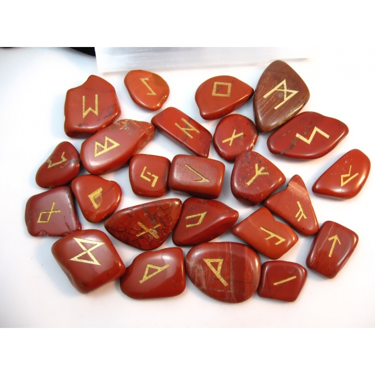 PAG028 RUNE STONES KIT: Elder Futhark Alphabet, Selenite Stick, Pouch + Booklet: RED JASPER