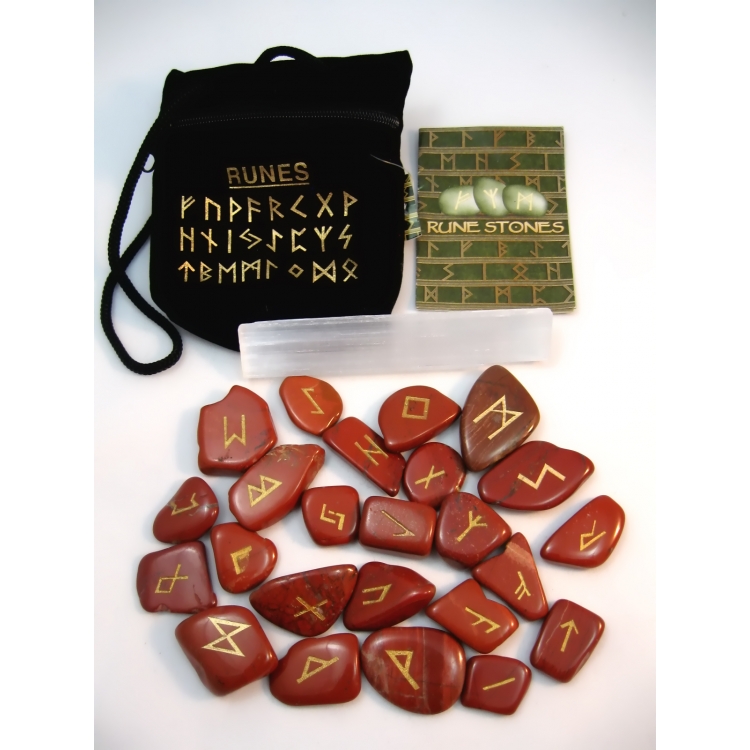 PAG028 RUNE STONES KIT: Elder Futhark Alphabet, Selenite Stick, Pouch + Booklet: RED JASPER
