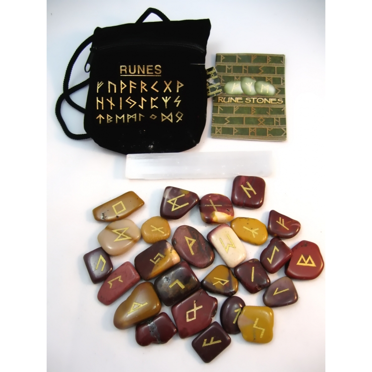 PAG017 RUNE STONES KIT: Elder Futhark Alphabet, Selenite Stick, Pouch + Booklet: MOOKAITE