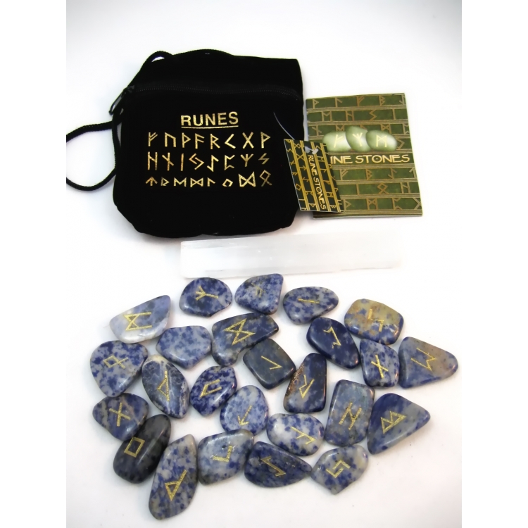 PAG021 RUNE STONES KIT: Elder Futhark Alphabet, Selenite Stick, Pouch + Booklet: SODALITE