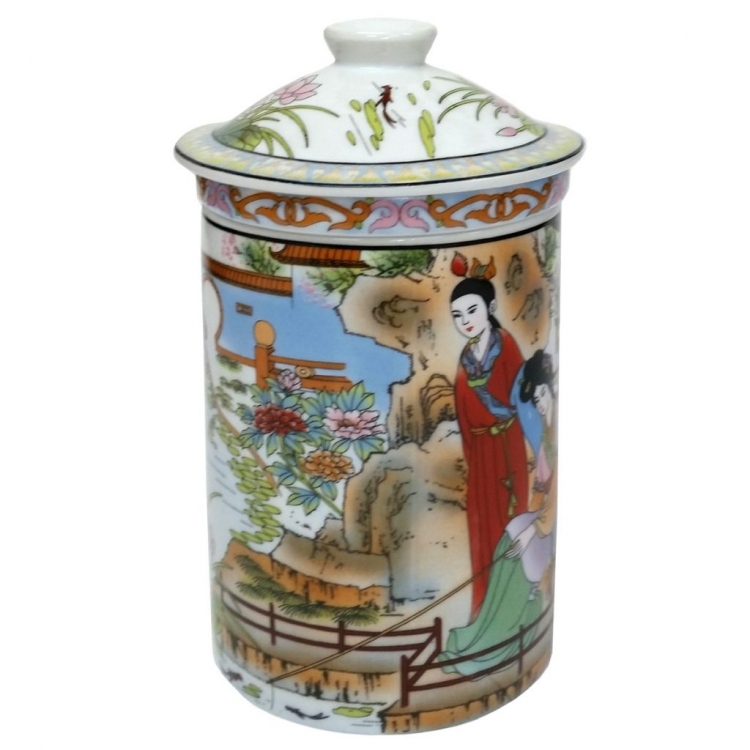 FSH257 Feng Shui Porcelain Mug with Infuser: Bao Yu & Dai Yu Nine Fish