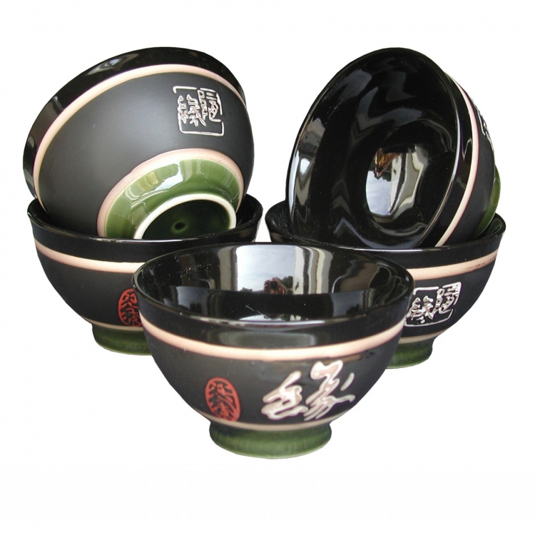 HSH284 Feng Shui Chinese Porcelain Rice Bowls (Set of Five) 11.5cm: Black Calligraphy Destiny