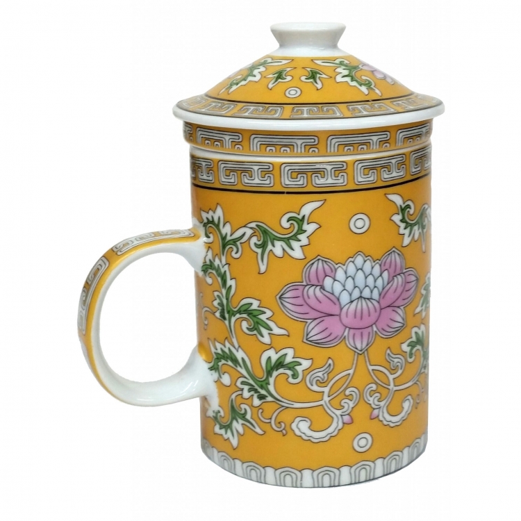 FSH254 Feng Shui Porcelain Mug with Infuser: Lotus Gold