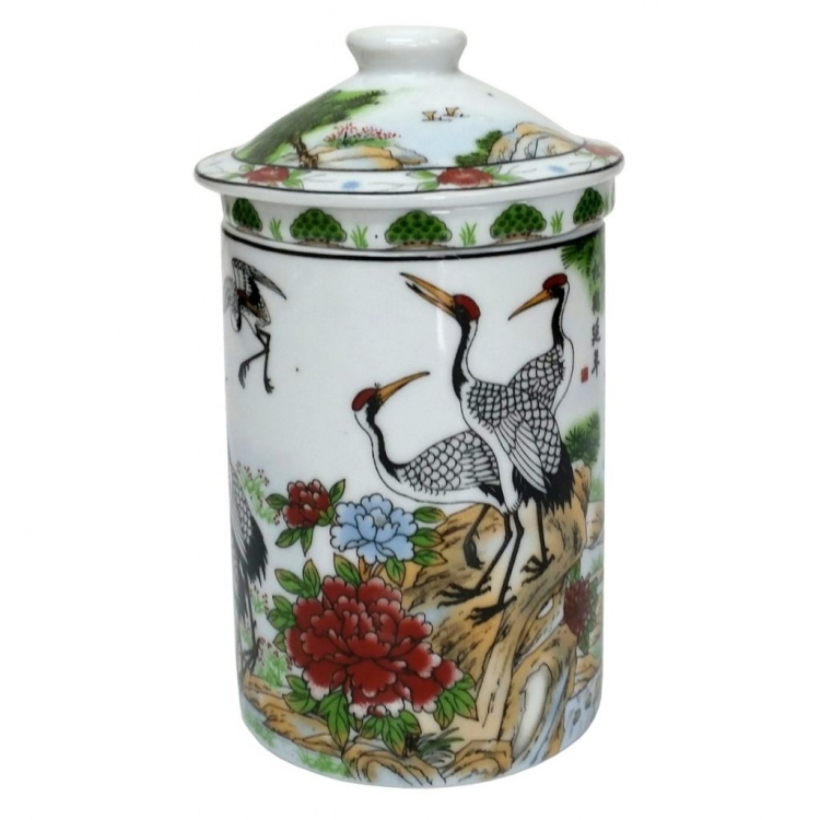 FSH267 Feng Shui Porcelain Mug with Infuser: Dancing Cranes