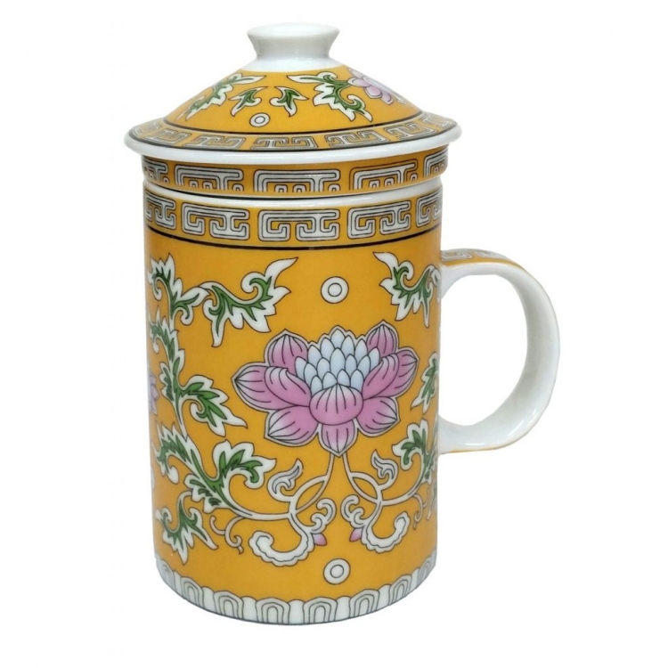 FSH254 Feng Shui Porcelain Mug with Infuser: Lotus Gold