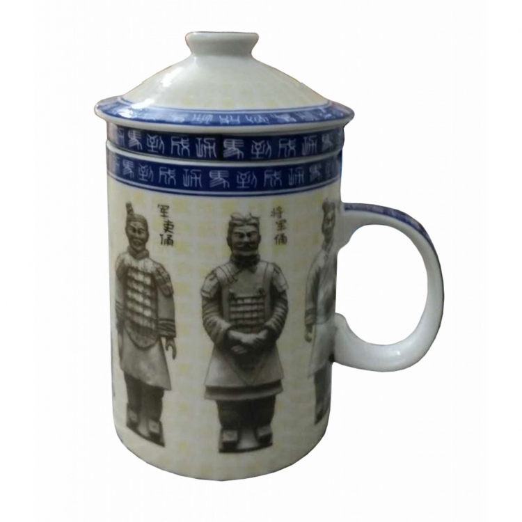 FSH250A Feng Shui Porcelain Mug with Infuser: Terracotta Soldiers Blue Rim