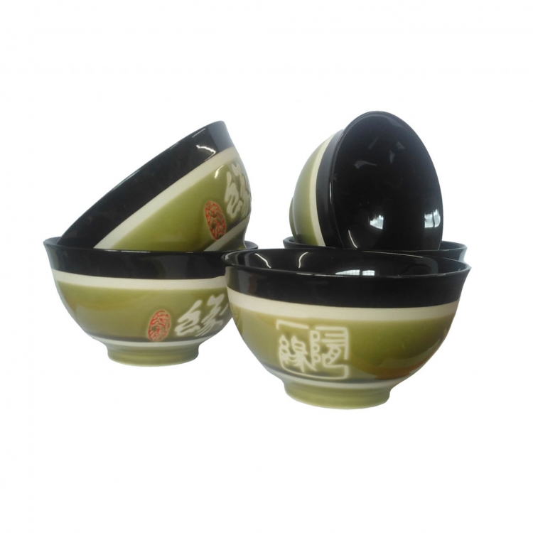 HSH283 Feng Shui Chinese Porcelain Rice Bowls (Set of Five) 11.5cm: Glossy Green Destiny